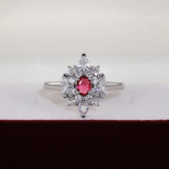 💍LUXURY RUBY OLD MINE DIAMOND NOBLE SILVER SHINY FLOWER DAINTY RING, K920 - Picture 3 of 9